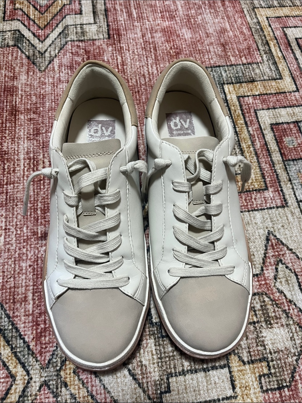 DV by Dolce Vita White and Taupe Low-Top Leather Sneakers